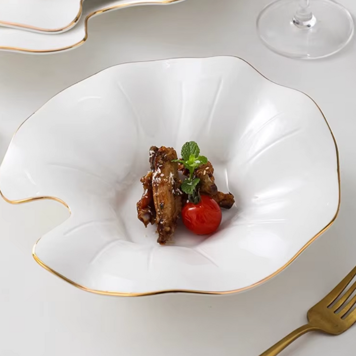 Lotus Edge Ceramic Plate - White with Gold Trim
