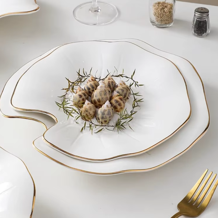 Lotus Edge Ceramic Plate - White with Gold Trim