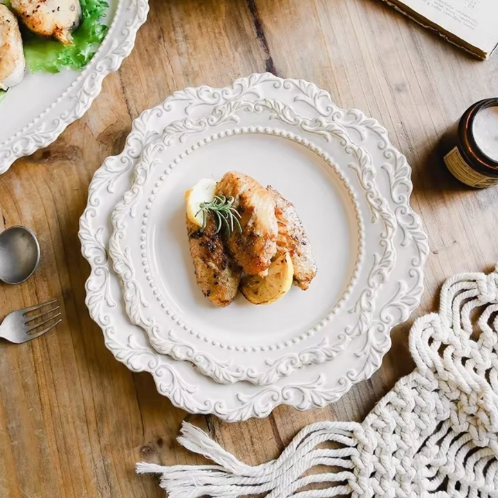 Vintage Ceramic Plates - White Ornate Dinnerware